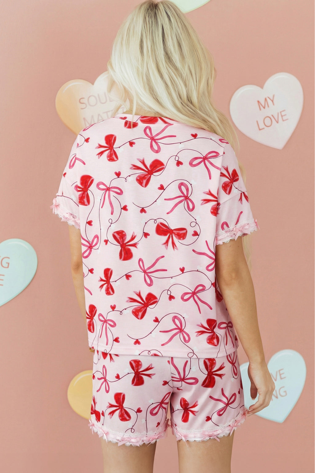 Red Romantic Bow Print Loose Tee Drawstring Shorts 2pcs Lounge Set 🇺🇸