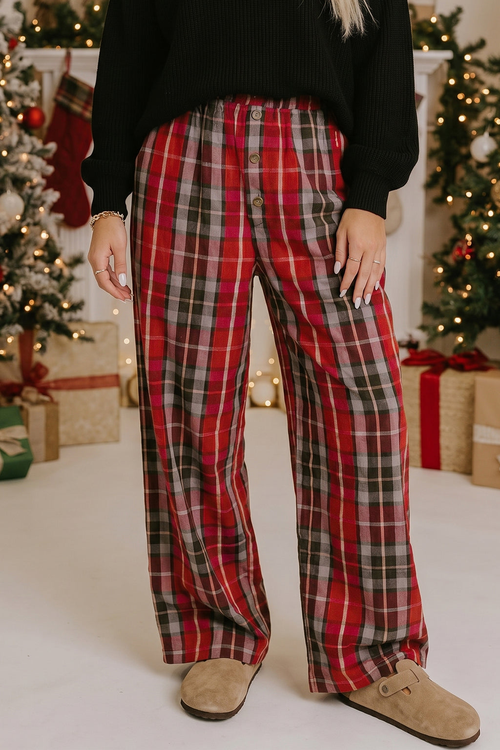 Red Plaid Elastic Waist Pocket Regular Full-Length Pants 🇺🇸