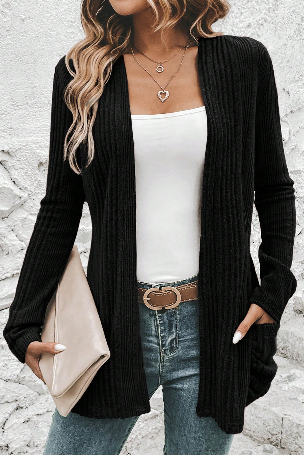 Black Ribbed Open Front Knitted Top with Pockets 🇺🇸
