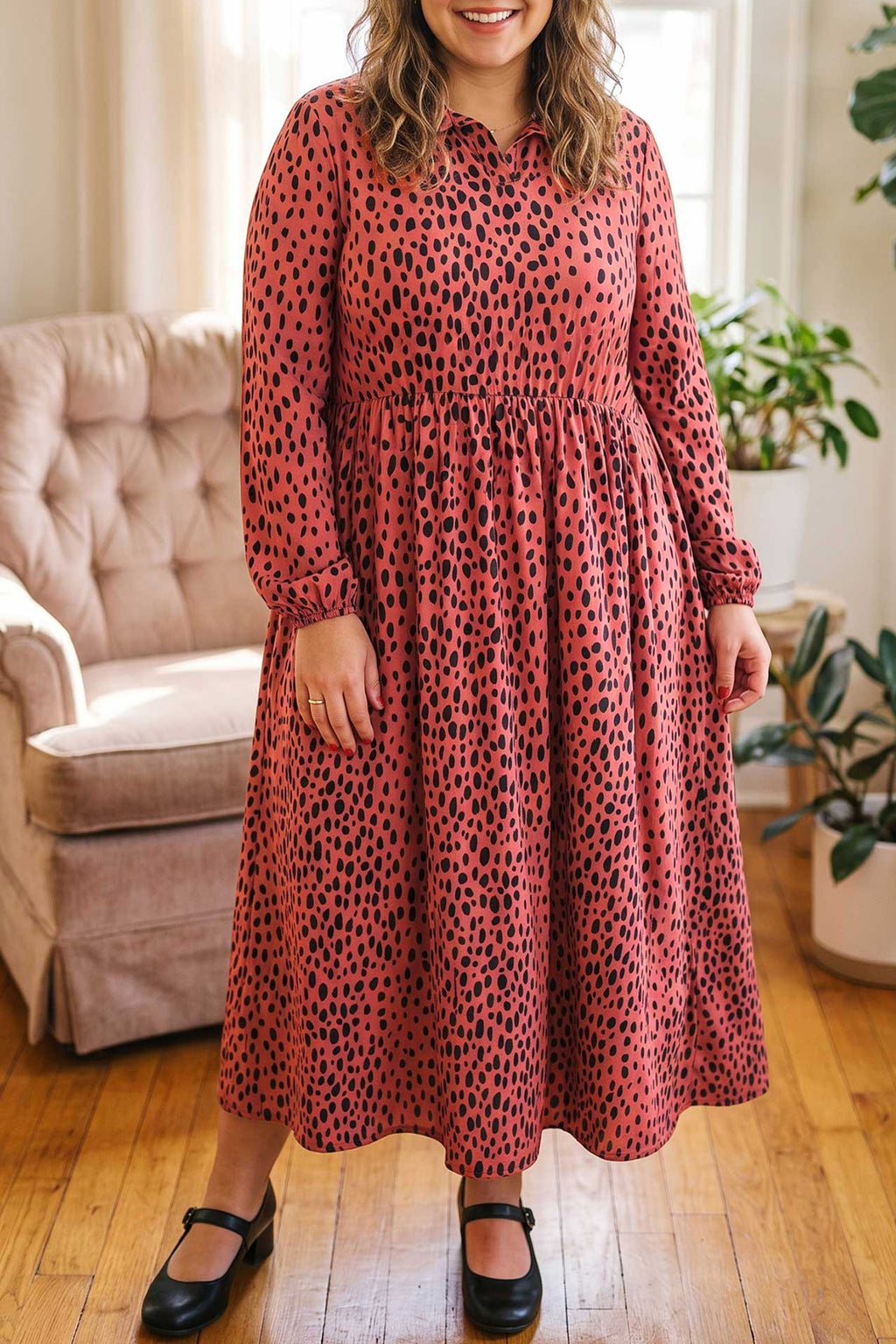 Red Leopard Print Long Sleeve V Neck Plus Size Midi Dress 🇺🇸