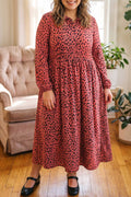 Red Leopard Print Long Sleeve V Neck Plus Size Midi Dress 🇺🇸