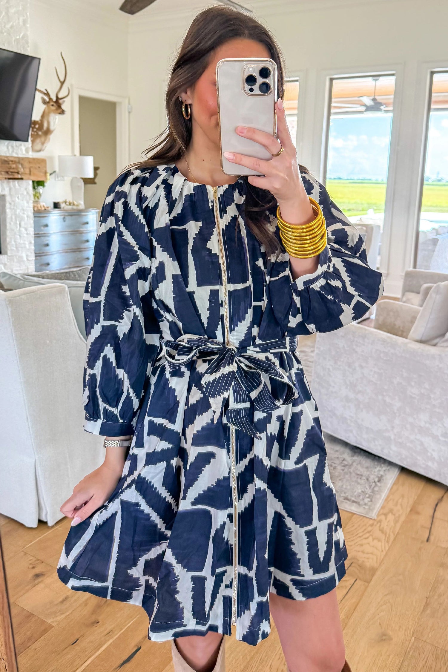 Blue Abstract Geometric Print Zip Front Tie Waist Shift Dress 🇺🇸