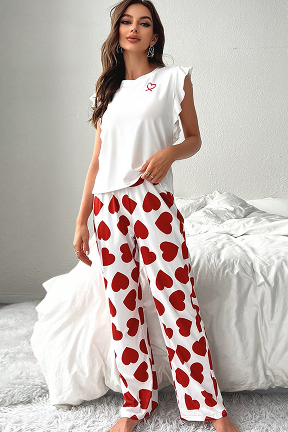 Red Ruffled Tank Top And Heart Print Pants Lounge Set 🇺🇲