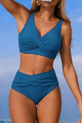 Sail Blue Solid Color 2pcs Cross Twisted High Waist Bikini Swimsuit 🇺🇸