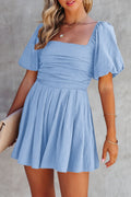 Sky Blue Brown Square Neck Ruched Puff Sleeve Romper 🇺🇸