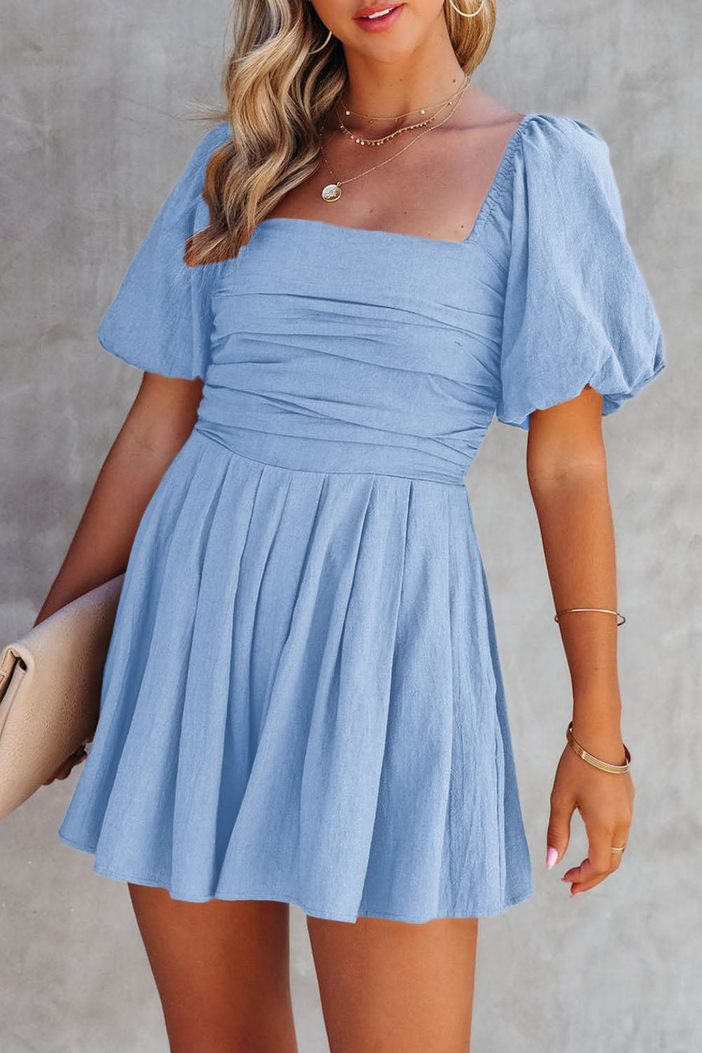 Sky Blue Brown Square Neck Ruched Puff Sleeve Romper 🇺🇸