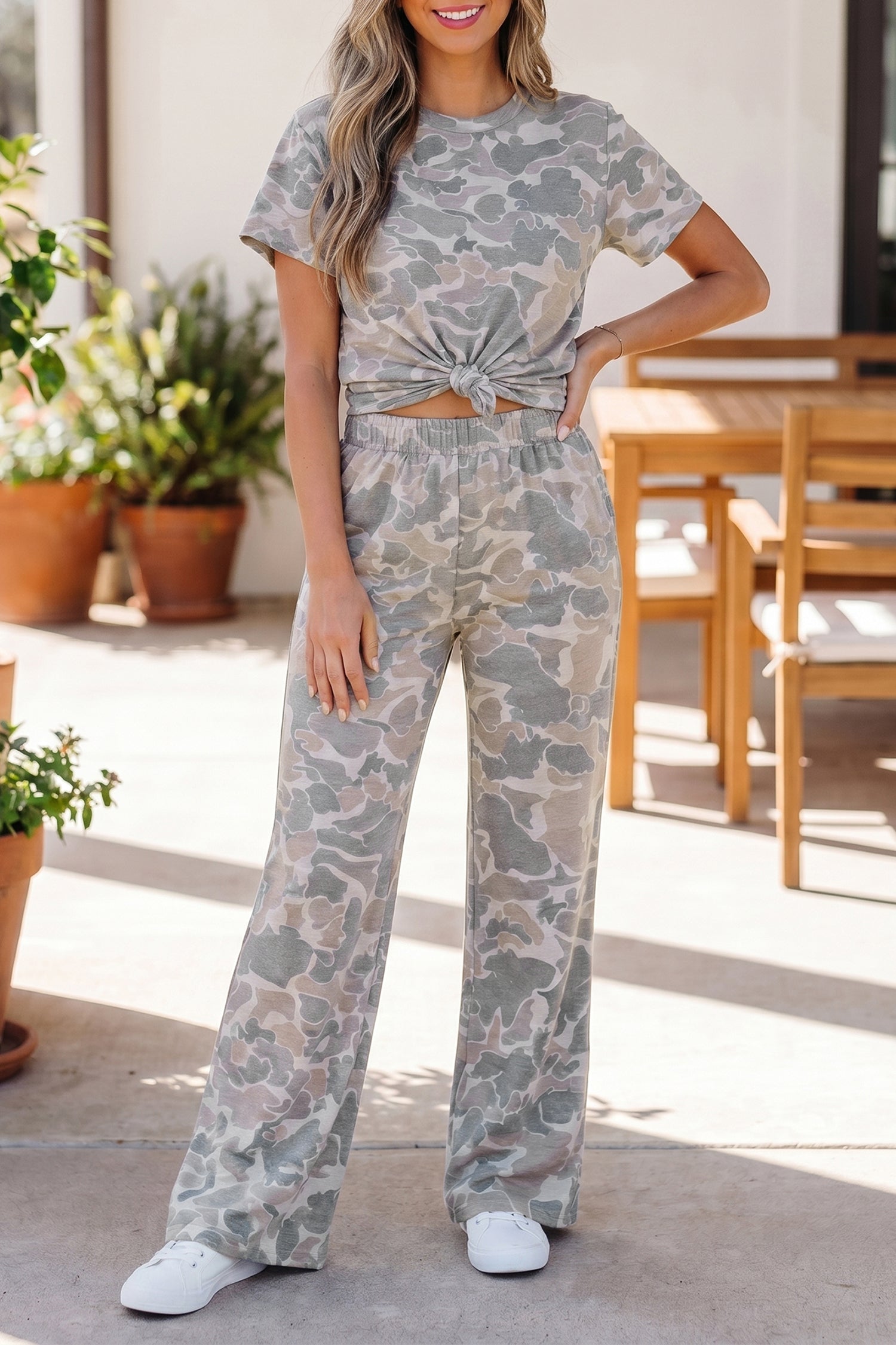 Multicolour Camouflage Short Sleeve Top and High Waist Wide Leg Pants Set 🇺🇸