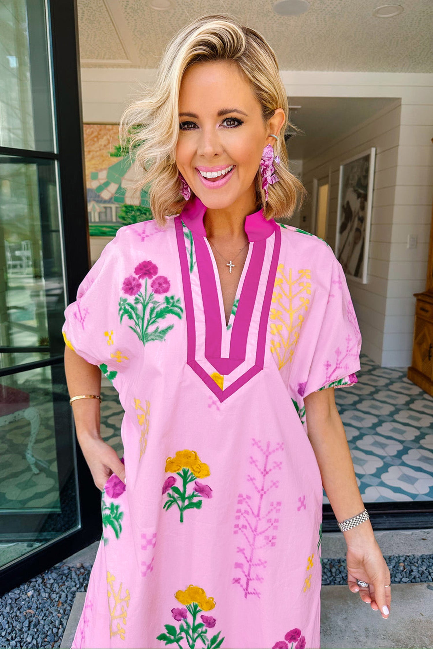 Pink Floral Print Short Sleeve Colorblock Trim V Neck Midi Dress 🇺🇸