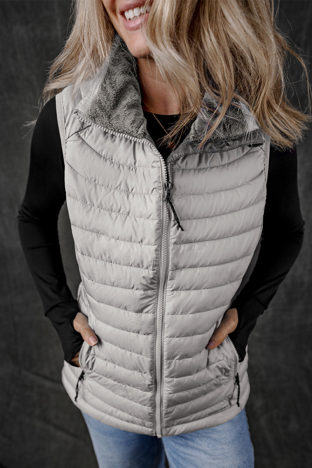 Silvery Plush Collared Quilted Zipped Puffer Vest 🇺🇸