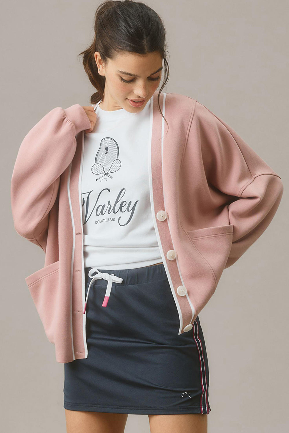 Pink Stripe Contrast Trim V Neck Buttoned Front Pocketed Knit Cardigan 🇺🇲