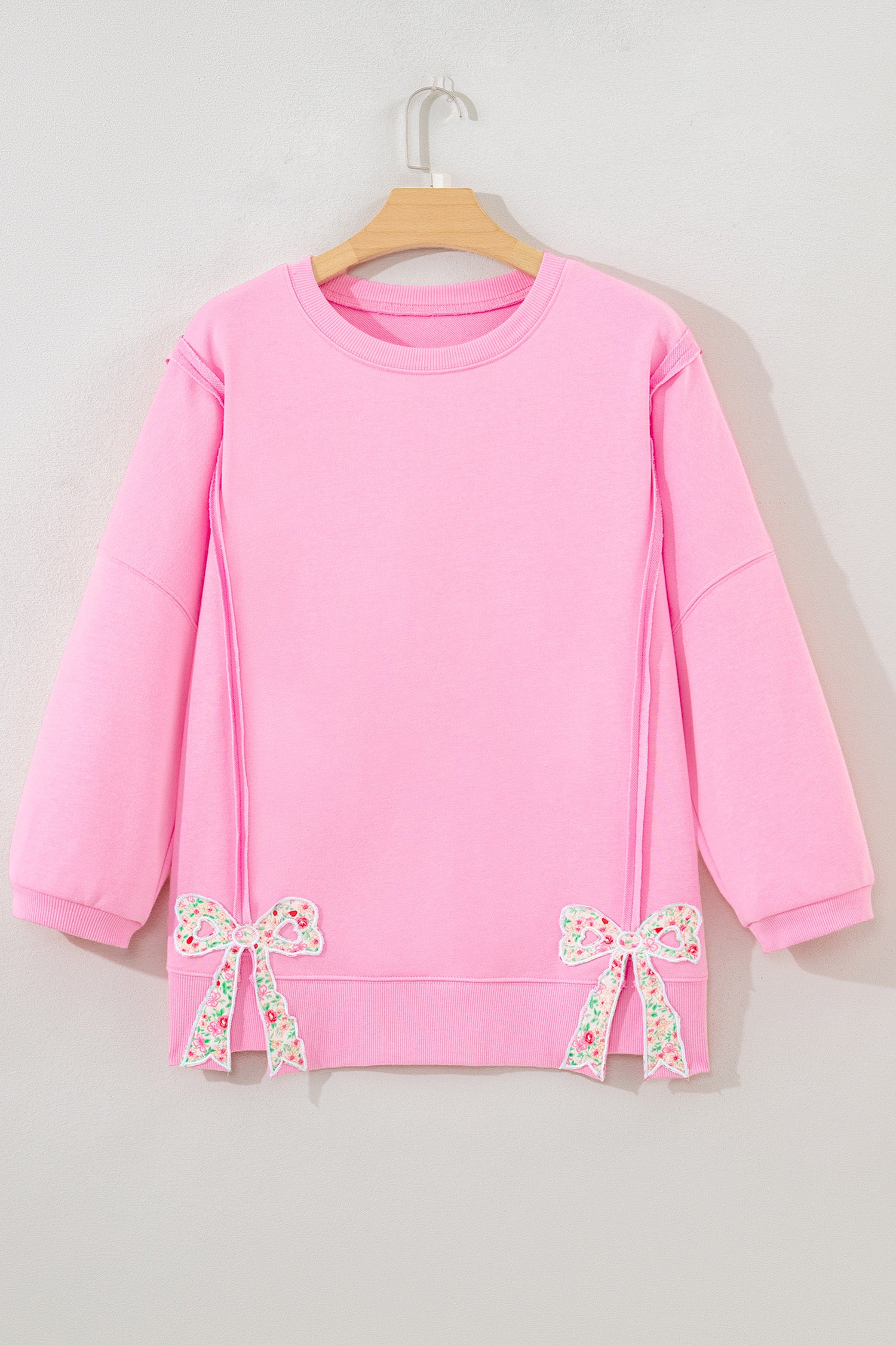Pink Floral Bow Patched Exposed Seam Patchwork Slit Baggy Sweatshirt 🇺🇸
