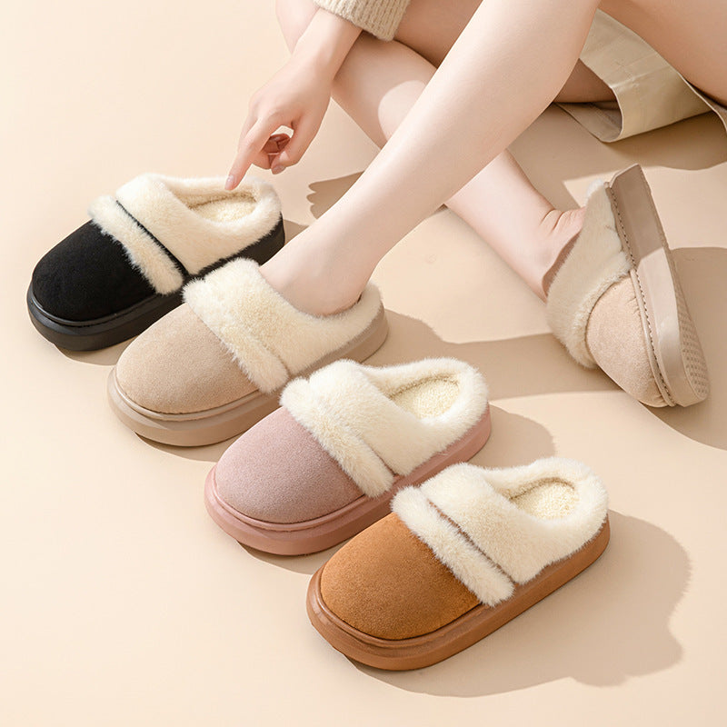 Fashion Warm Cotton Slippers For Women Leisure Thick Bottom Non-slip Plus-velvet House Shoes Winter Bedroom Floor Suede Slipper 🇨🇳