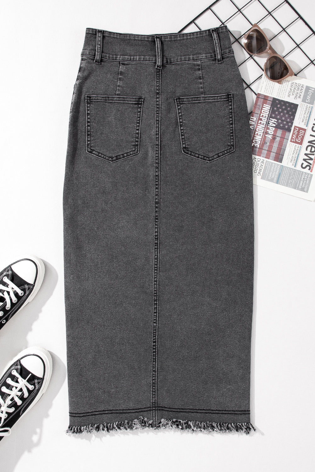 Black Raw Edge Side Slits Buttoned Midi Denim Skirt 🇺🇸