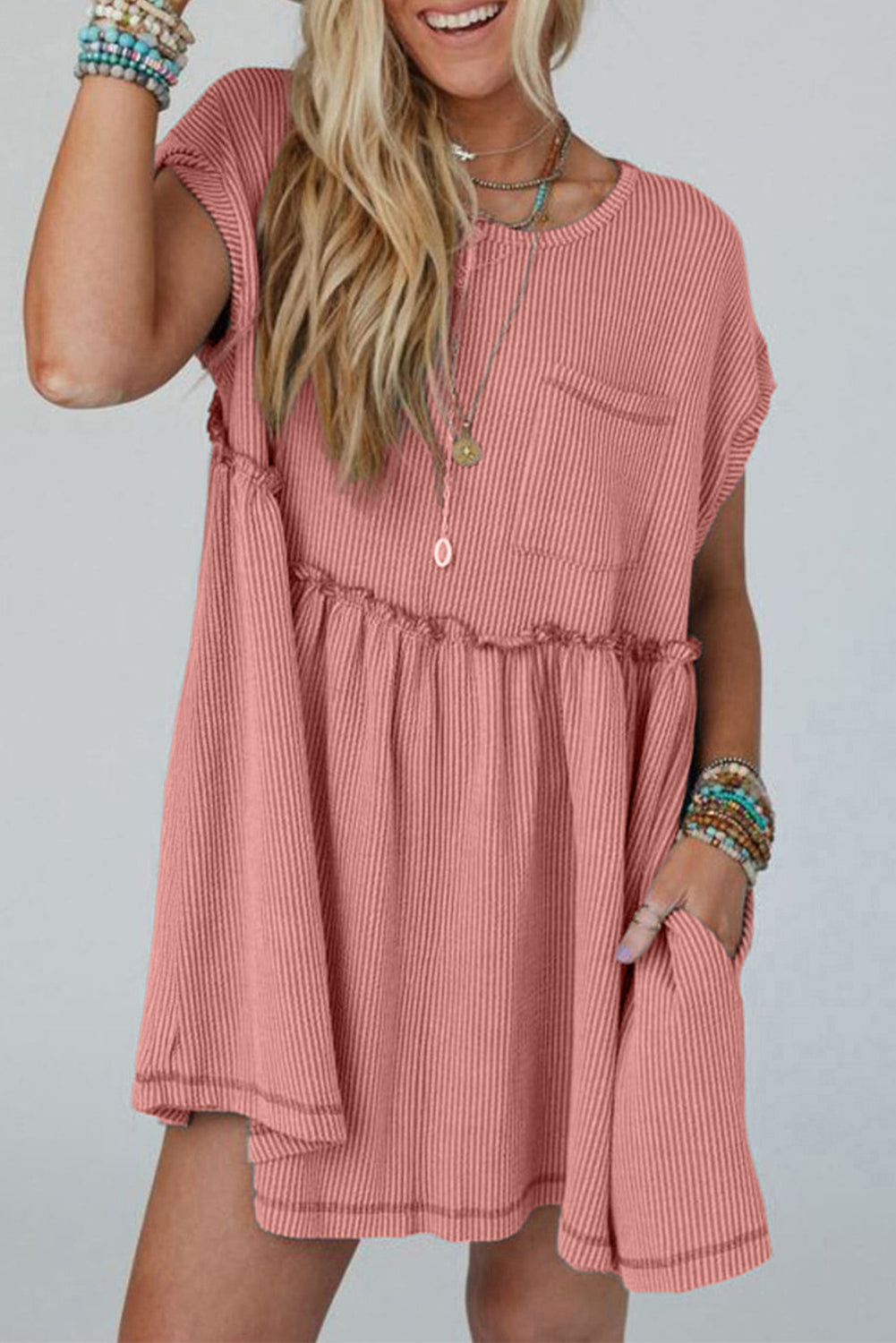 Dusty Pink Corded Knit Textured Patched Pocket Frilled Swing Mini Dress with Pockets 🇨🇳