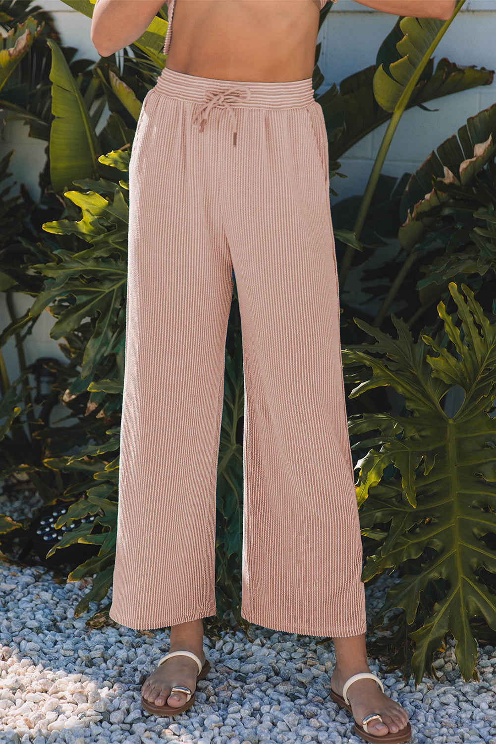 Smoke Gray Solid Corded Knit Short Sleeve T Shirt and Wide Leg Pants Set 🇨🇳