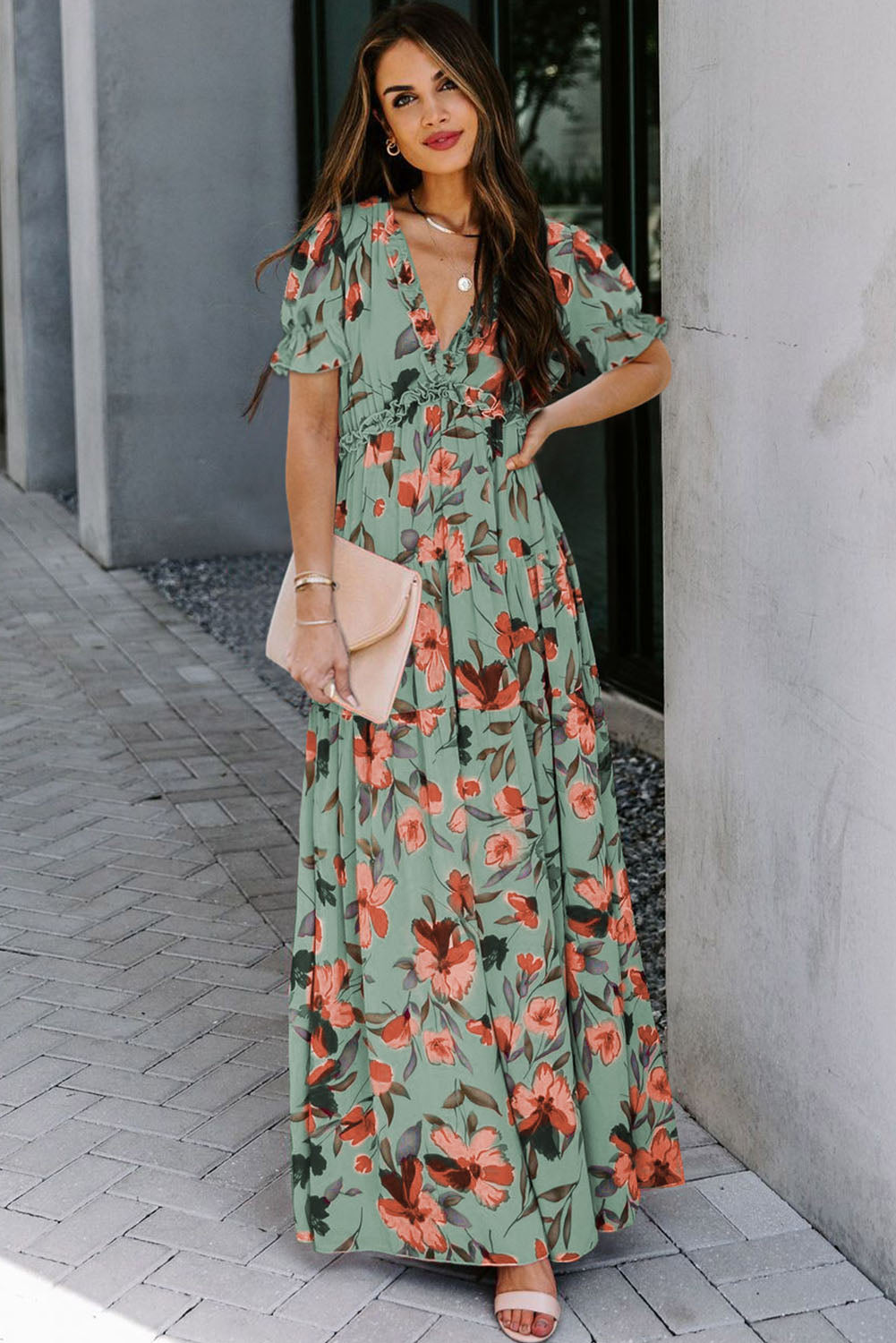 Green Fiery Floral Print Frilled V Neck Short Sleeve Maxi Dress 🇺🇸