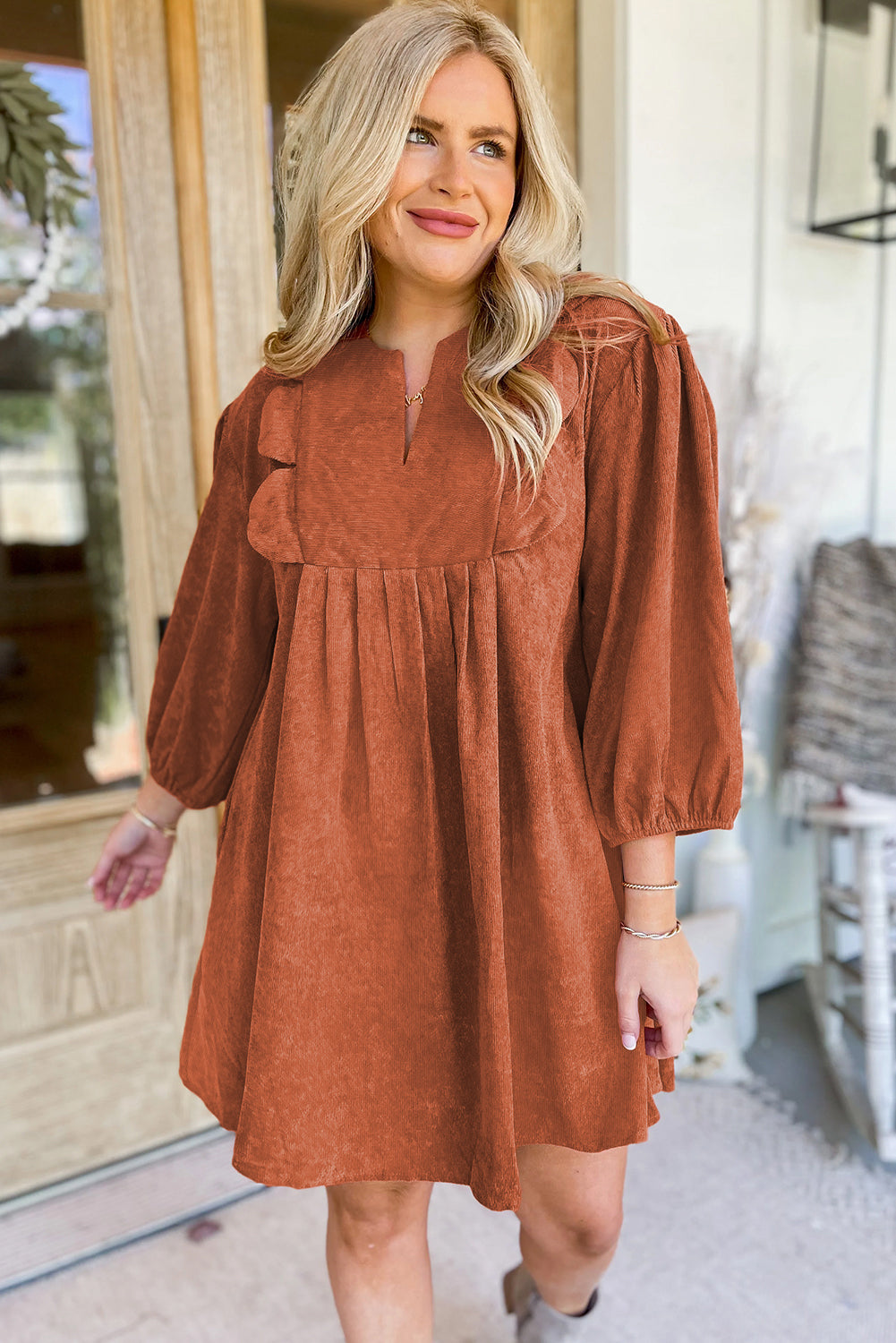 Cinnamon Bracelet Sleeve Split Neck Scallop Detail Pleated Corduroy Mini Dress 🇺🇲