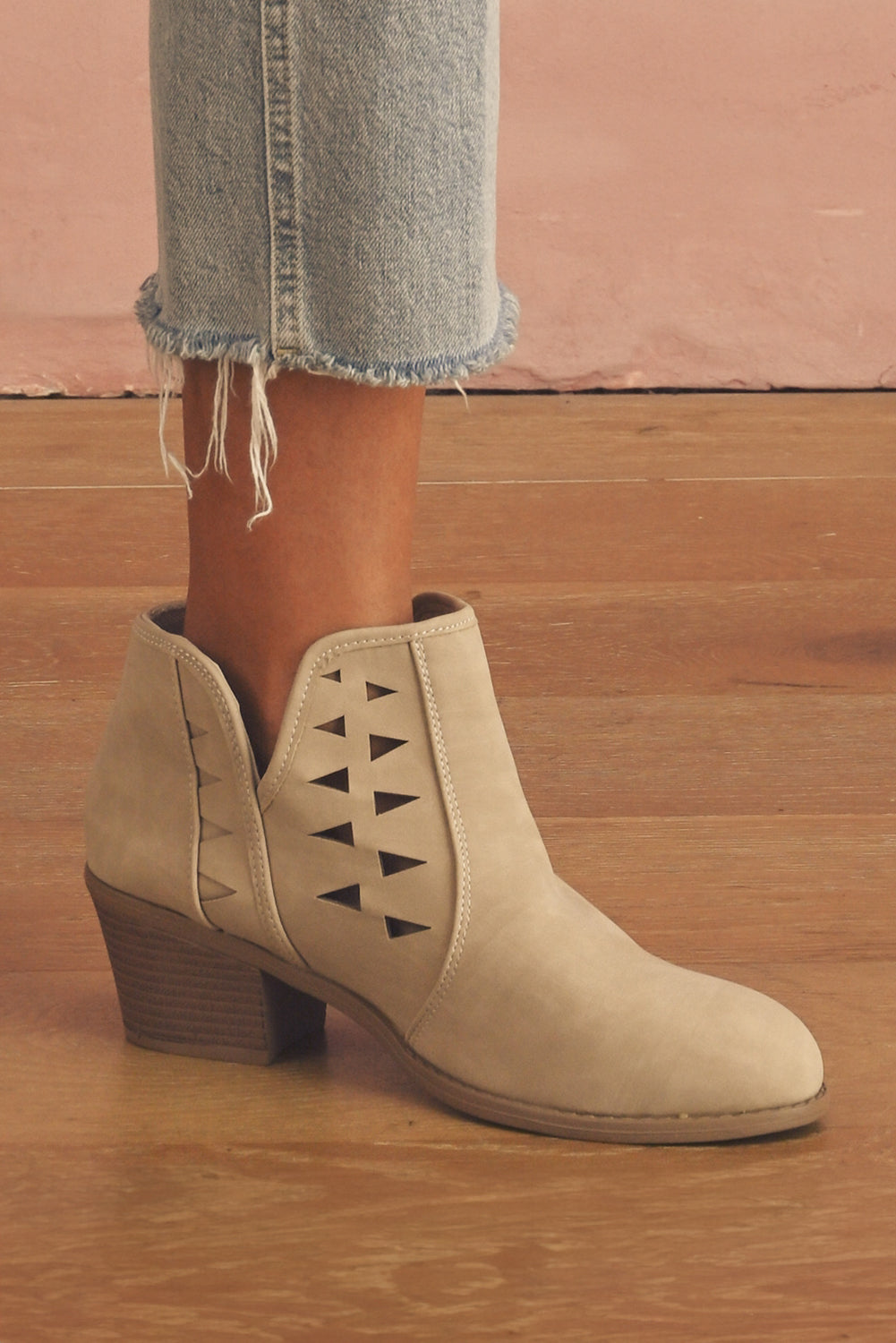 Parchment Cut Out Suede Pointed Toe Heeled Ankle Boots 🇺🇸