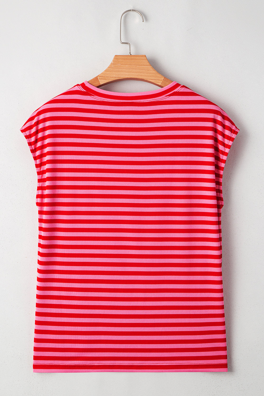 Red Stripe Ribbed Cap Sleeve Round Neck T Shirt 🇨🇳