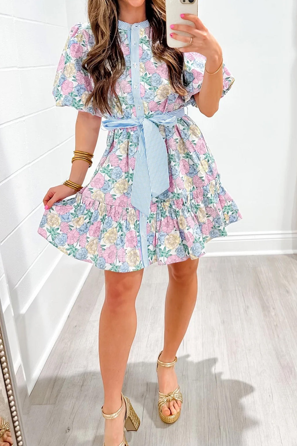 White Floral Print Striped Contrast Trim Belted Short Dress 🇺🇸