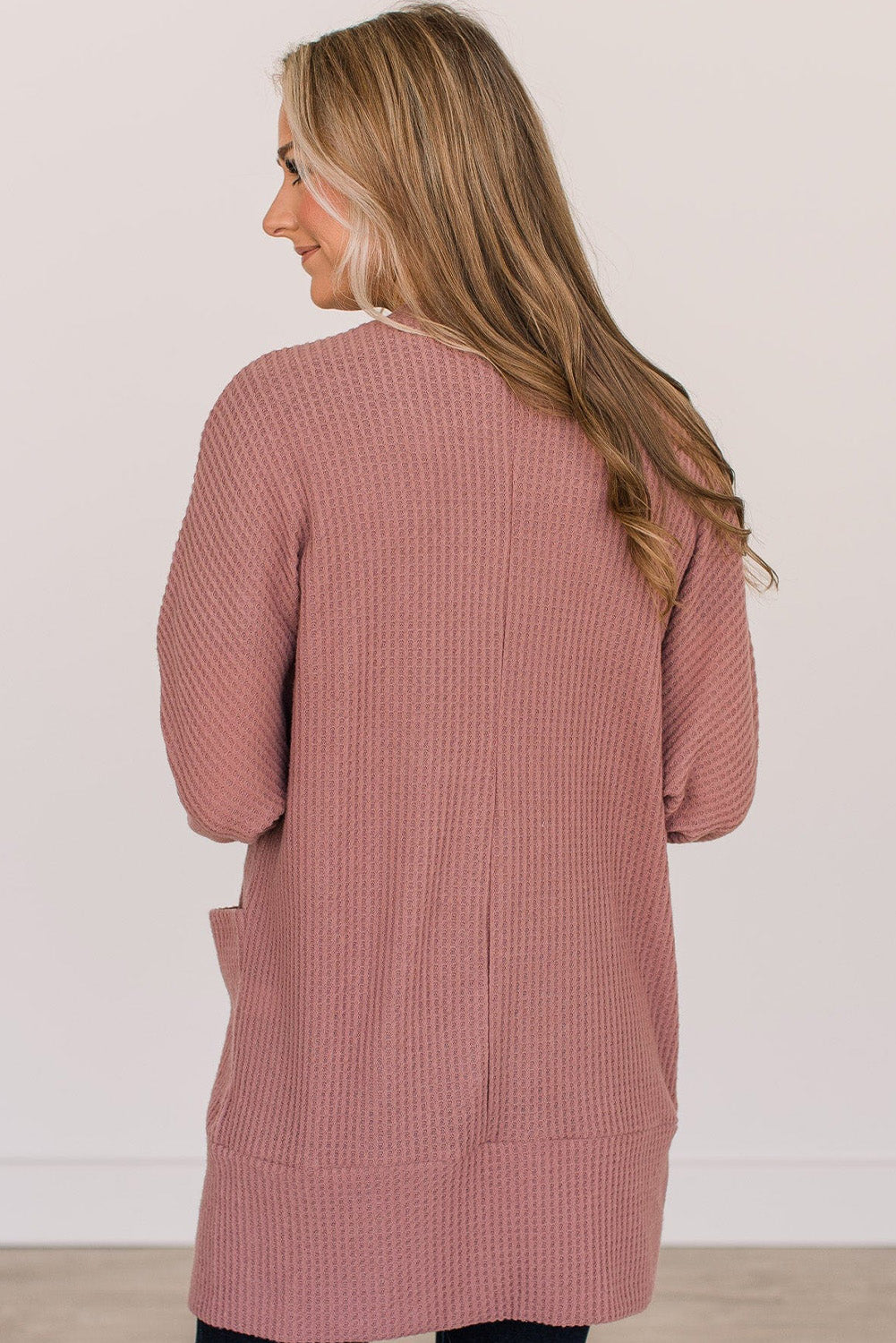Mineral Red Solid Color Waffle Knit Cardigan with Pocket 🇨🇳