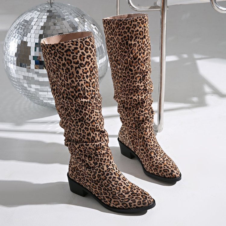 Fashion Square Toe Chunky Heel High Heel Leopard Print Boots 🇨🇳