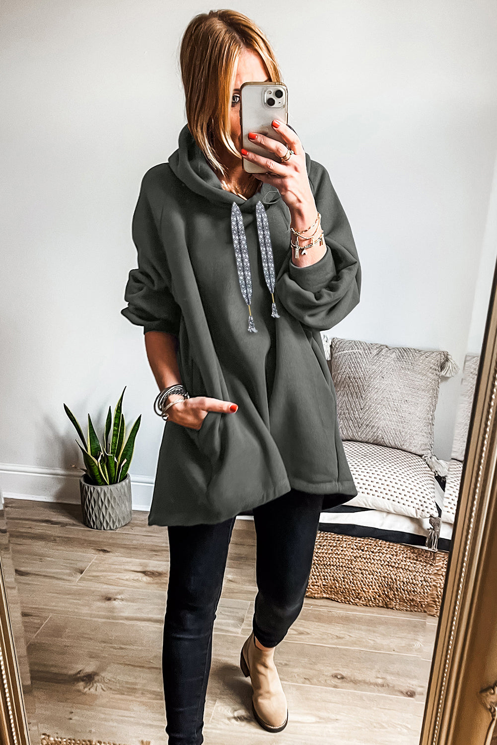 Four Leaf Clover Fleece Lined Adjustable Drawstring Oversize Tunic Hoodie 🇺🇸