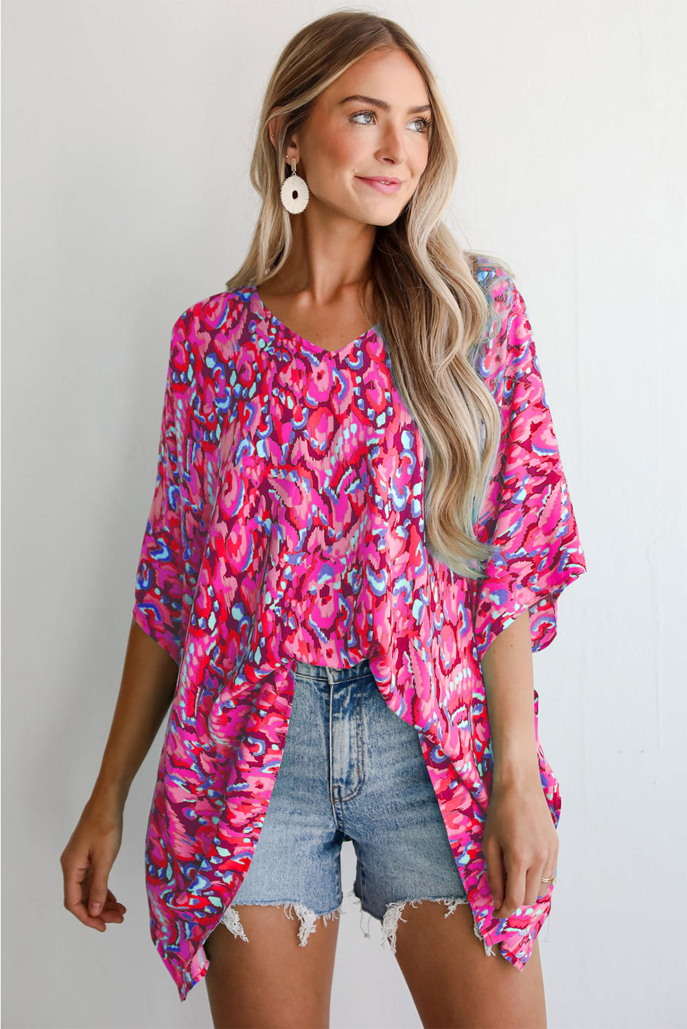 Pink Abstract Print V Neck Half Sleeve Loose Fit Tunic Blouse 🇨🇳