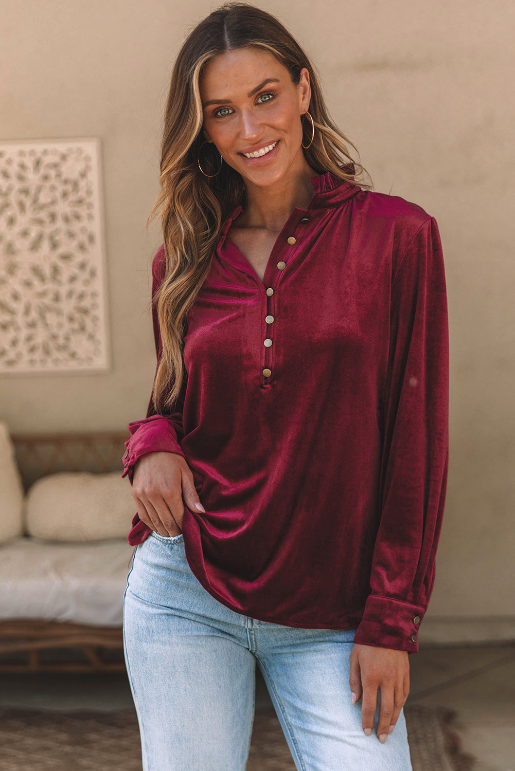 Burgundy Frilled Neck Buttoned Front Velvet Top 🇺🇸