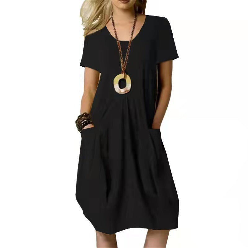 Cotton And Linen Solid Color Loose Round Neck Short Sleeve Dress 🇨🇳