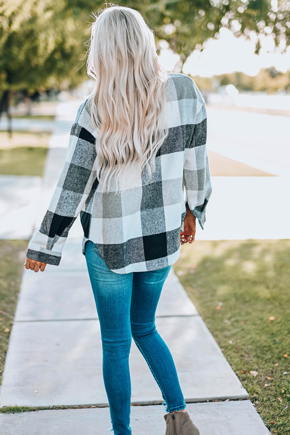 Gray Plaid Color Block Buttoned Long Sleeve Jacket with Pocket 🇺🇸