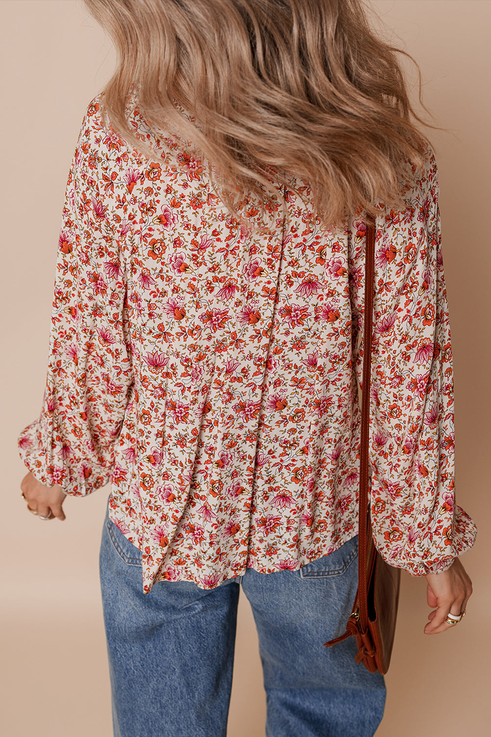 Red Floral Print Pleated Detail Notched Neck Puff Sleeve Blouse 🇺🇸