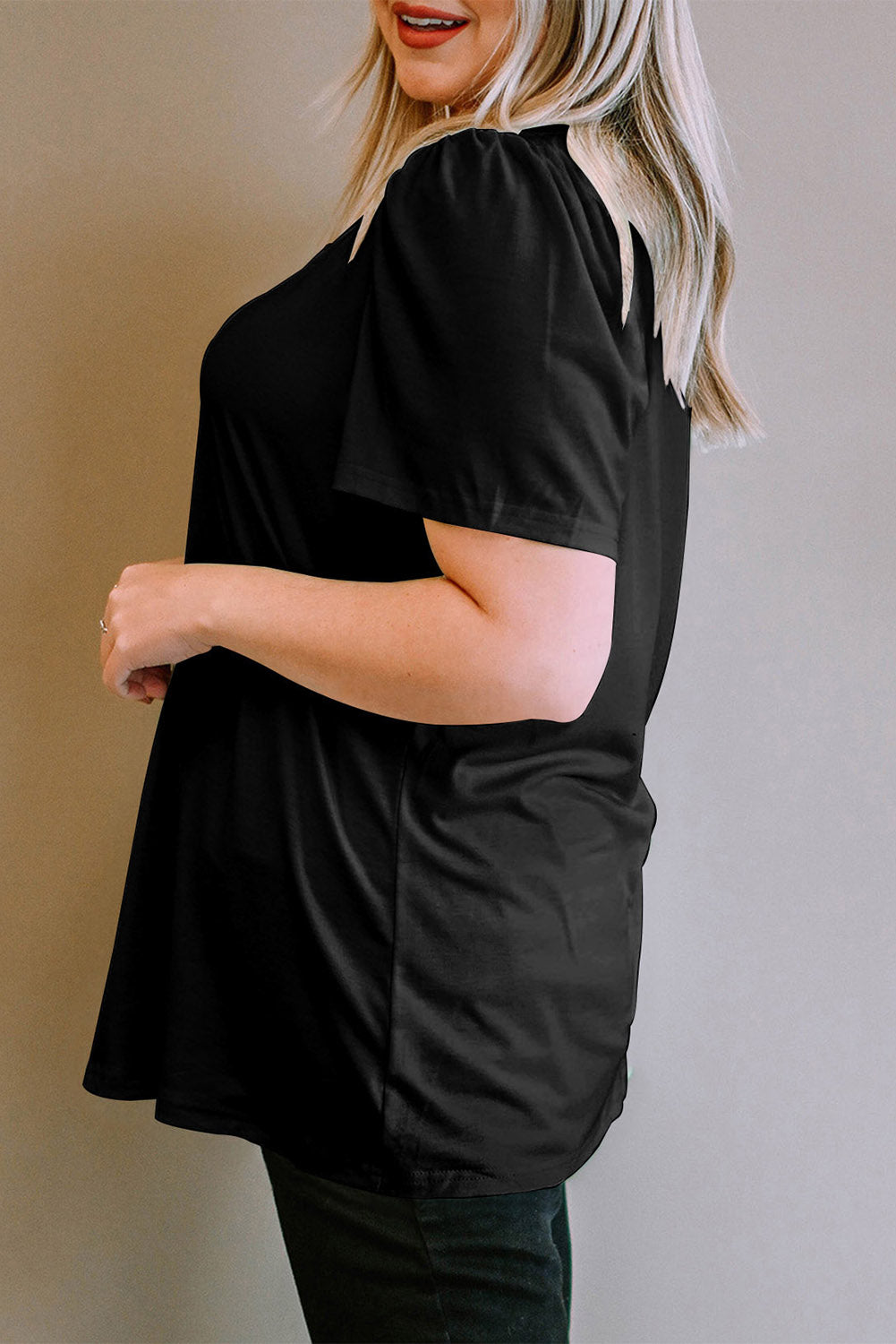 Black Plus Size Square Neck Ruched Shoulder Short Sleeve Top 🇺🇸