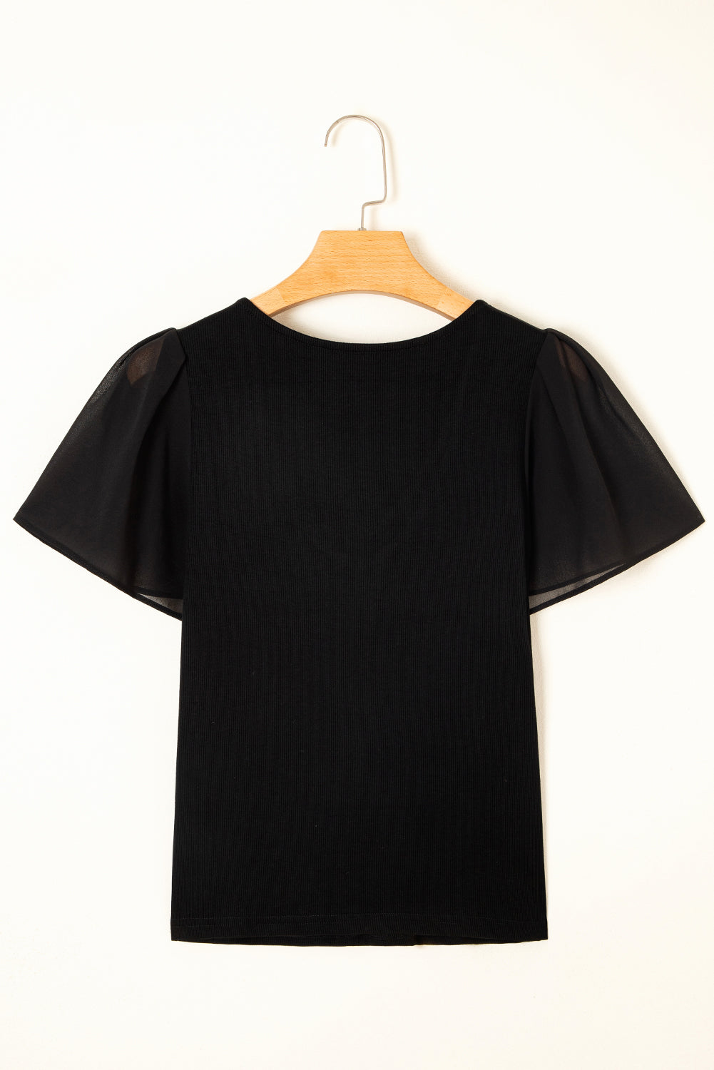 Black Mesh Ruffled Sleeve Slim Fit V Neck Top 🇺🇲