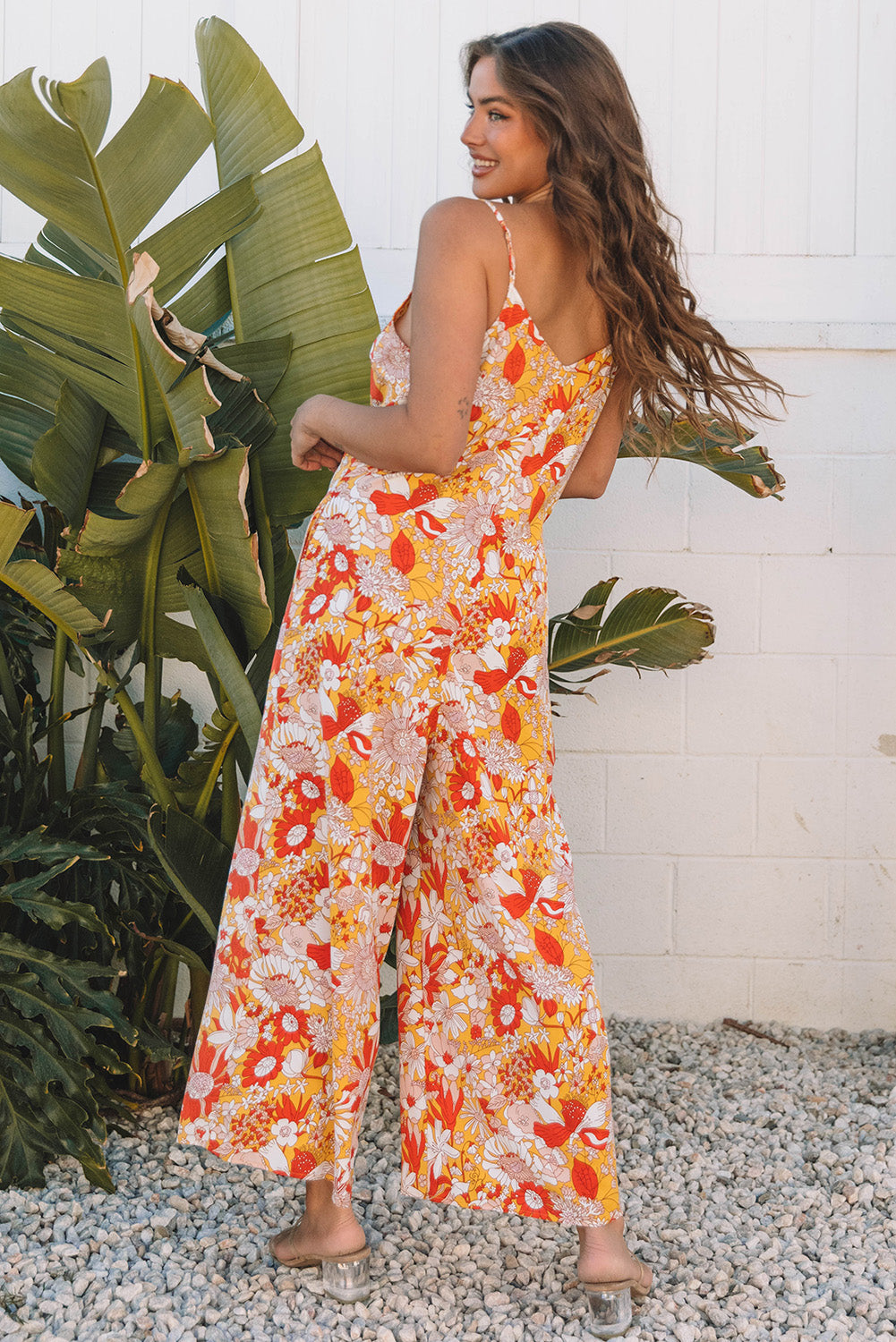 Orange Floral V Neck Wide Leg Sleeveless Jumpsuit 🇨🇳
