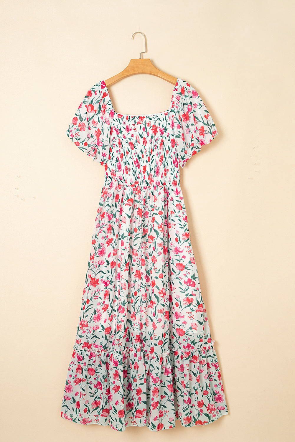 Pink Floral Puff Sleeve Square Neck Empire Waist Tiered Maxi Dress 🇨🇳