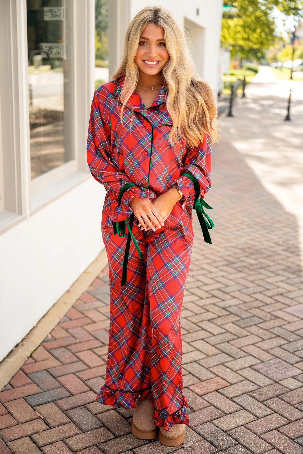 Fiery Red Christmas Plaid Satin Pajama Set with Contrast Velvet Ties 🇺🇸