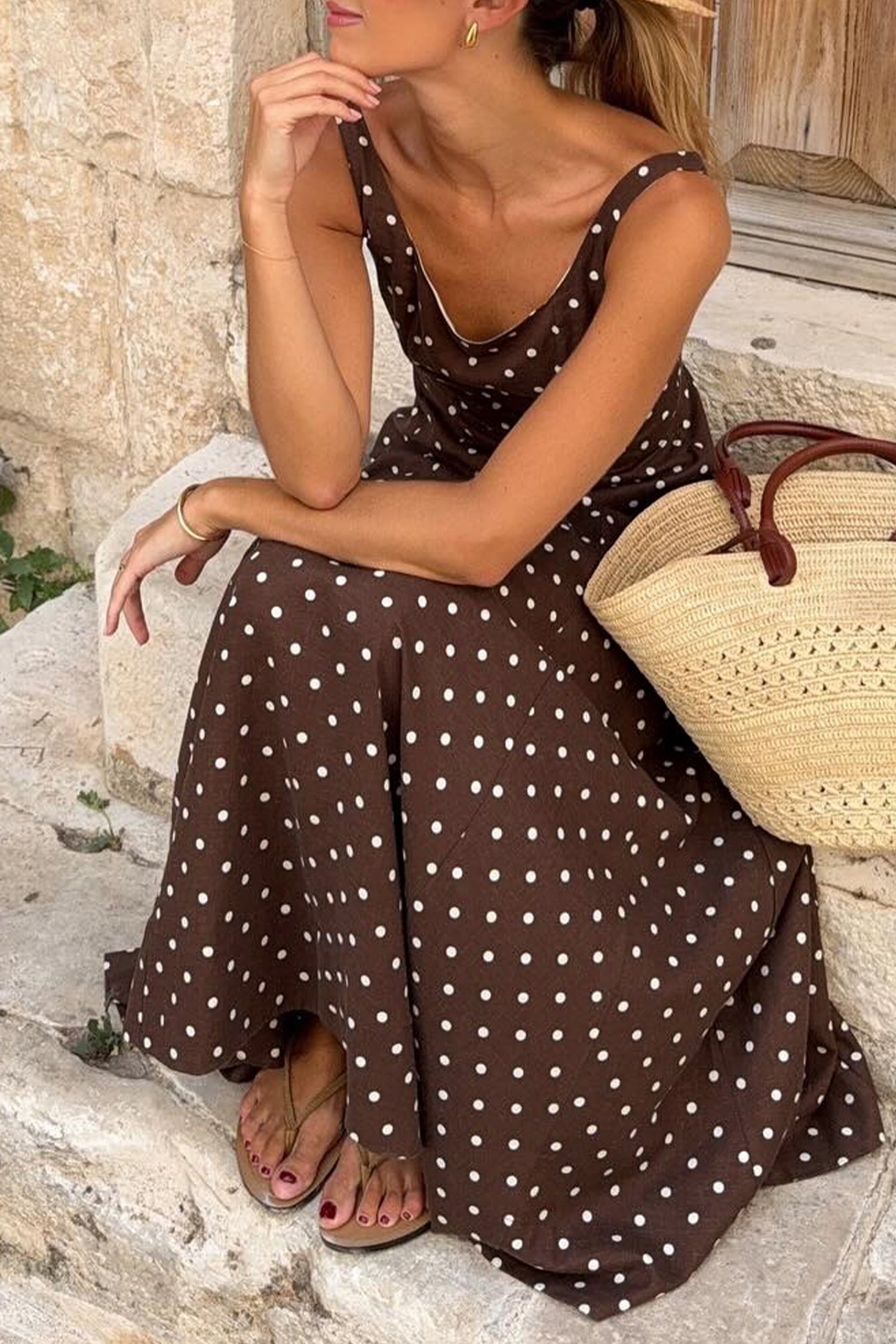 Brown Polka Dot Print Square Neck Sleeveless Vacation Long Dress 🇺🇸