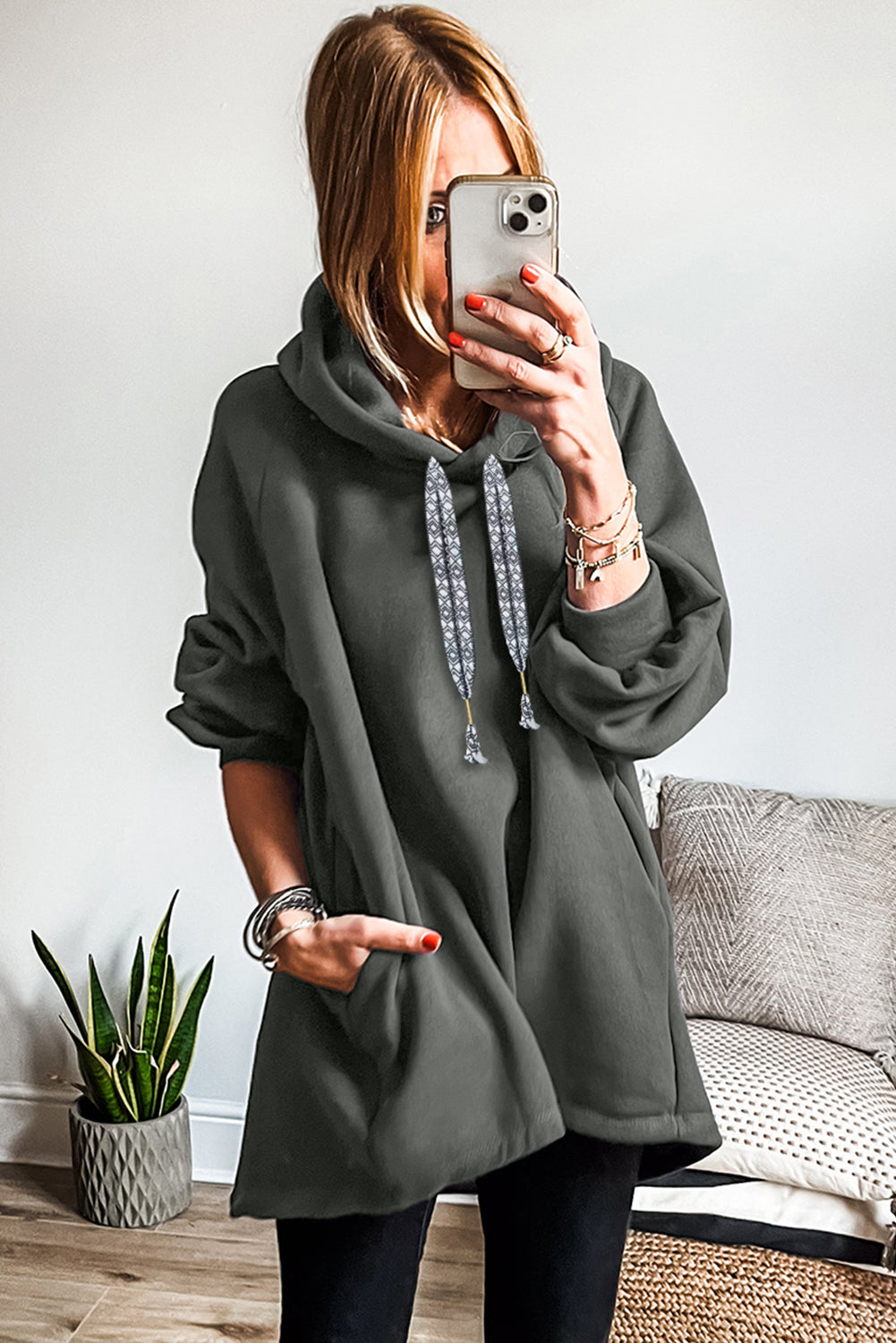 Four Leaf Clover Fleece Lined Adjustable Drawstring Oversize Tunic Hoodie 🇺🇸