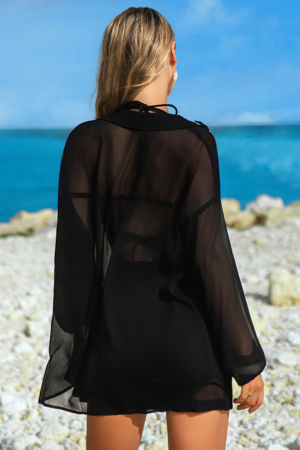 Black Sheer Tunic Shirt Drawstring Shorts 2pcs Swim Cover Up 🇺🇸