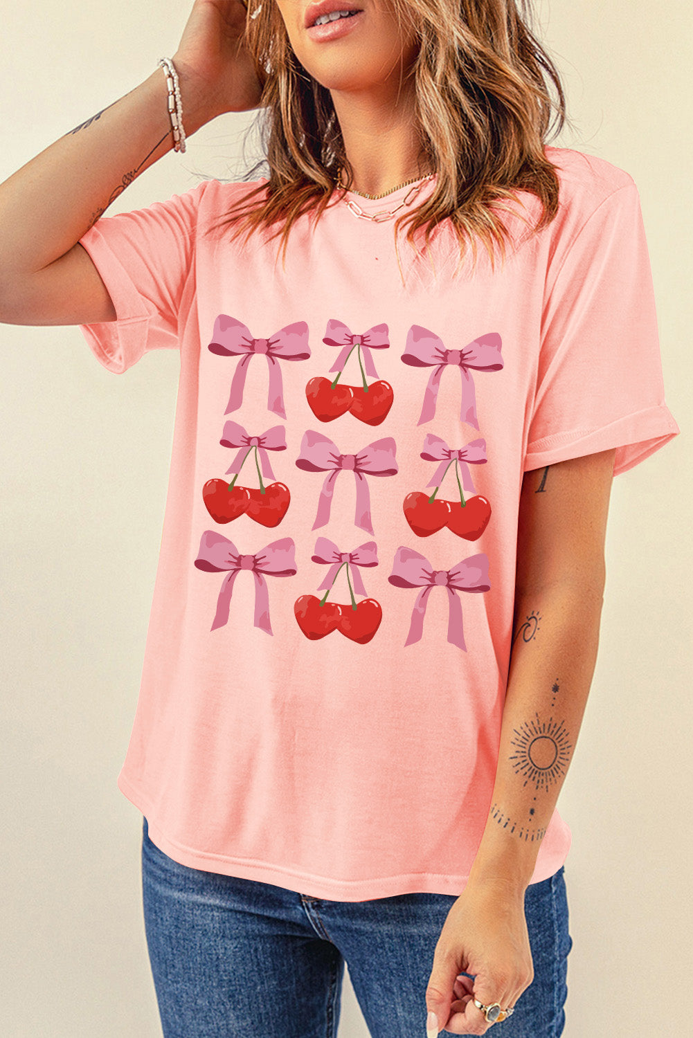 Pink Bow Cherry Print Crew Neck Casual T Shirt 🇨🇳