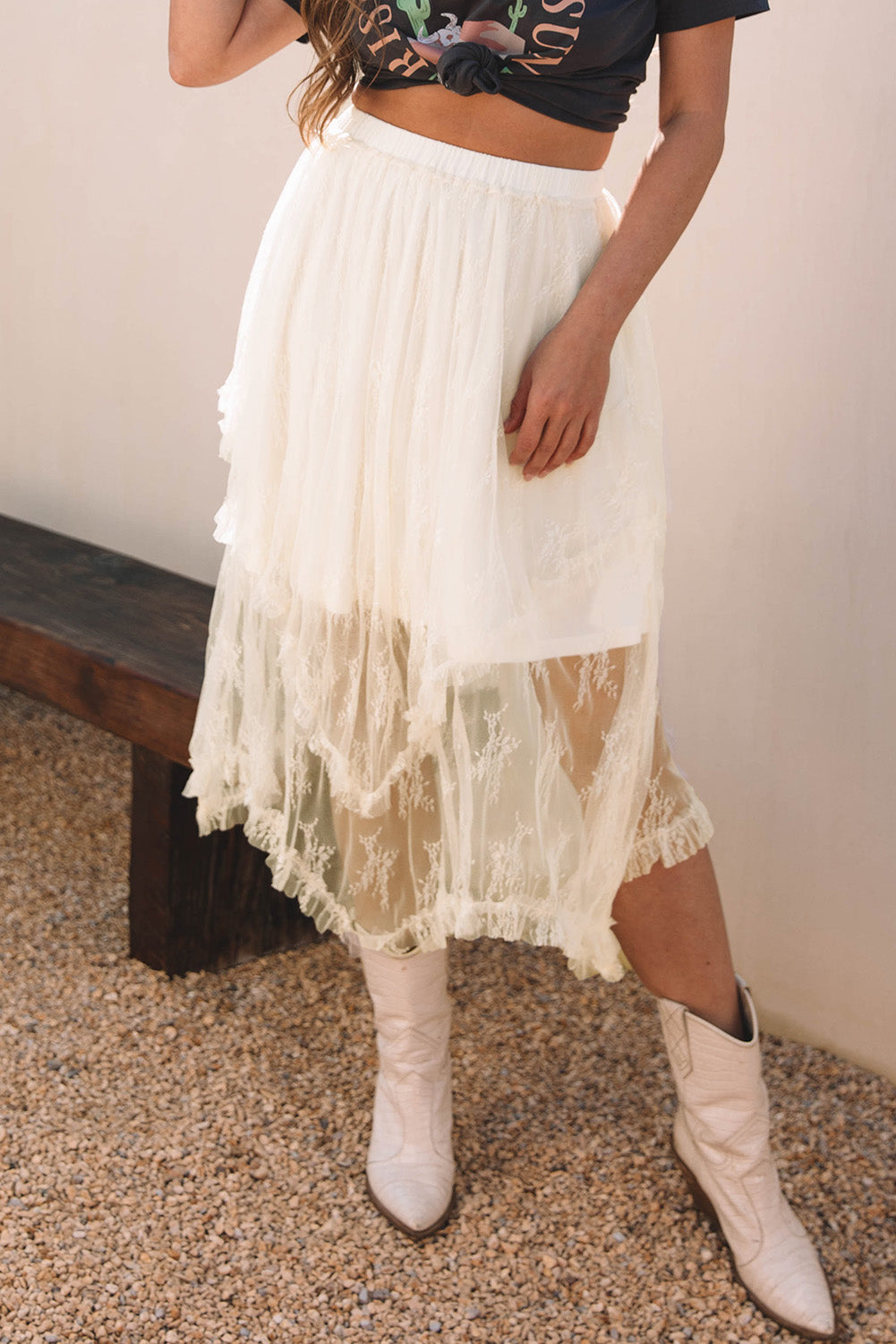 Beige Lace Cascading Tiered High Waist Maxi Skirt 🇨🇳