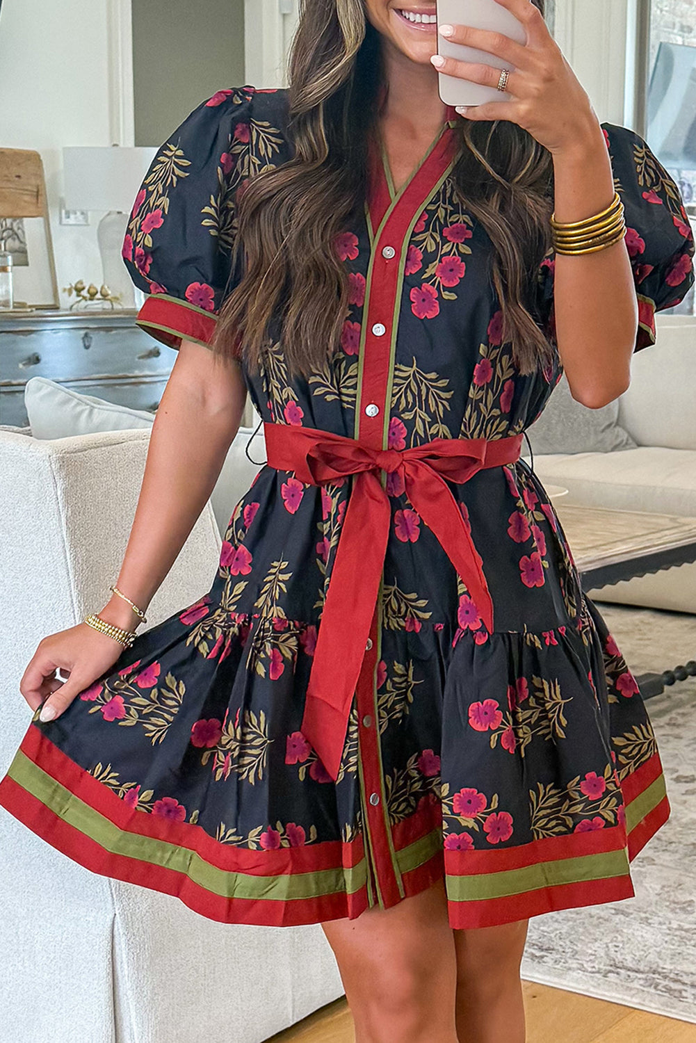 Black Retro Floral Print Button Down Belted Short Puff Sleeve Mini Dress 🇺🇸