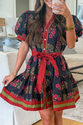 Black Retro Floral Print Button Down Belted Short Puff Sleeve Mini Dress 🇺🇸