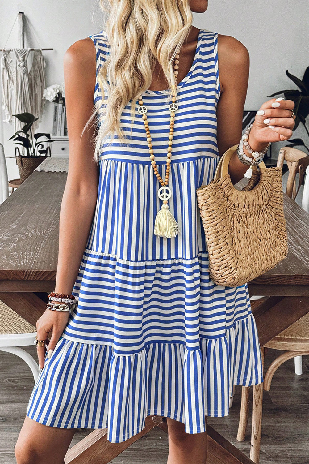 Sky Blue Stripe U Neck Sleeveless Loose Fit Mini Dress 🇺🇸