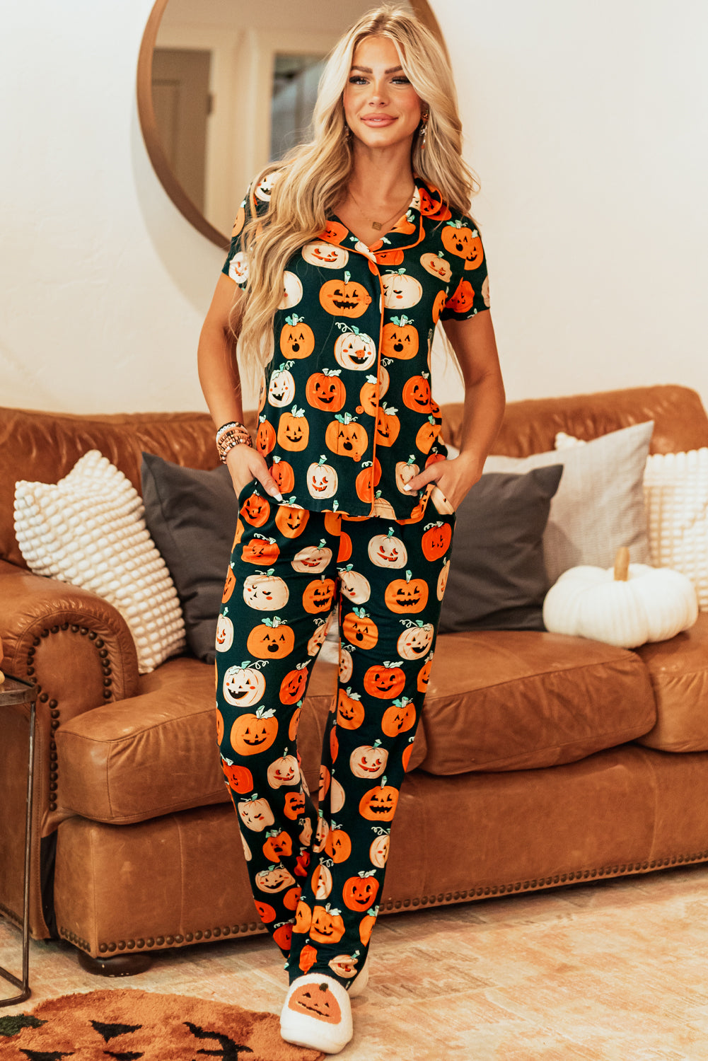 Orange Halloween Pattern Short Sleeve Shirt Pajama Set 🇺🇸