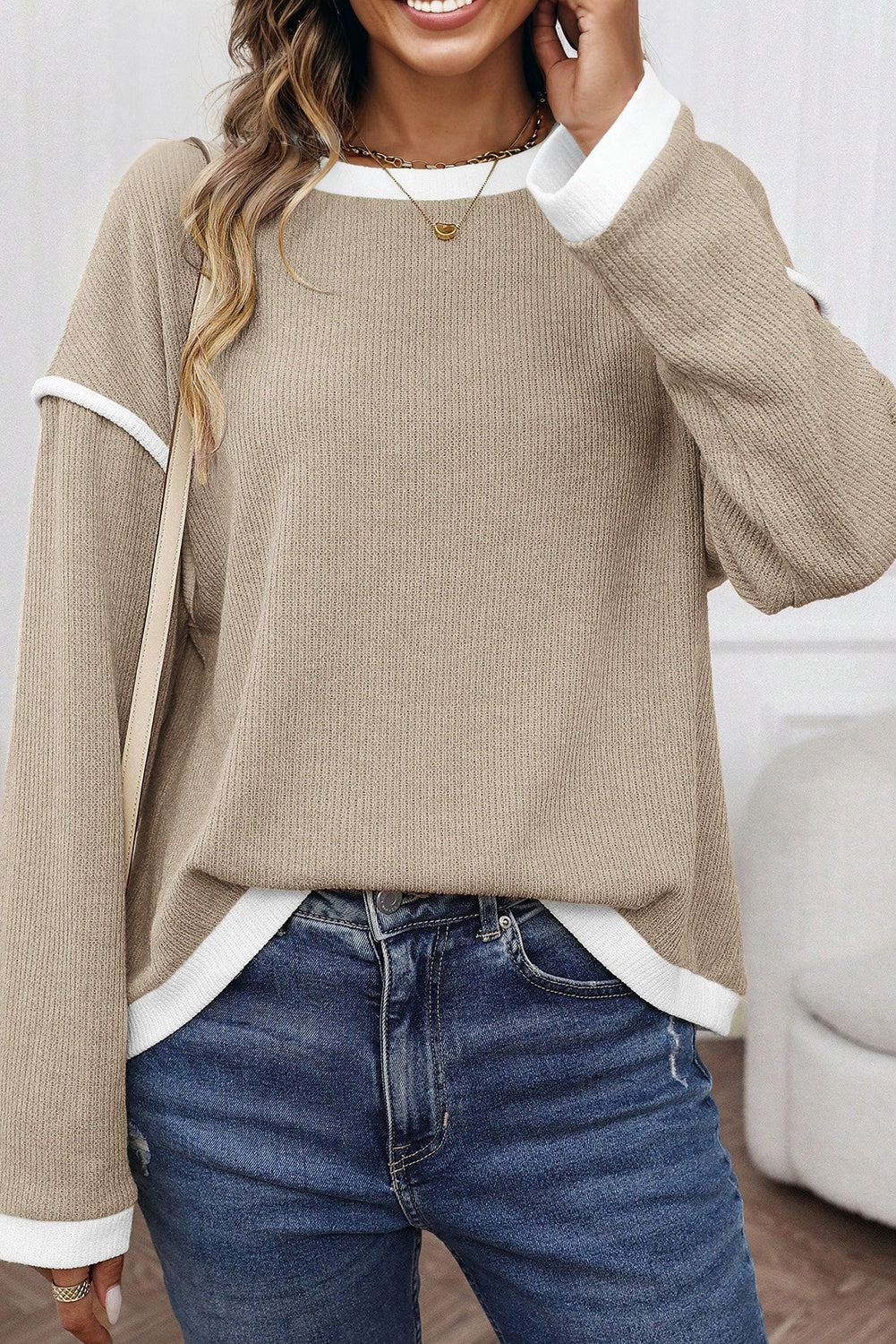 Beige Contrast Color Trim Knit Drop Shoulder Loose Top 🇺🇸