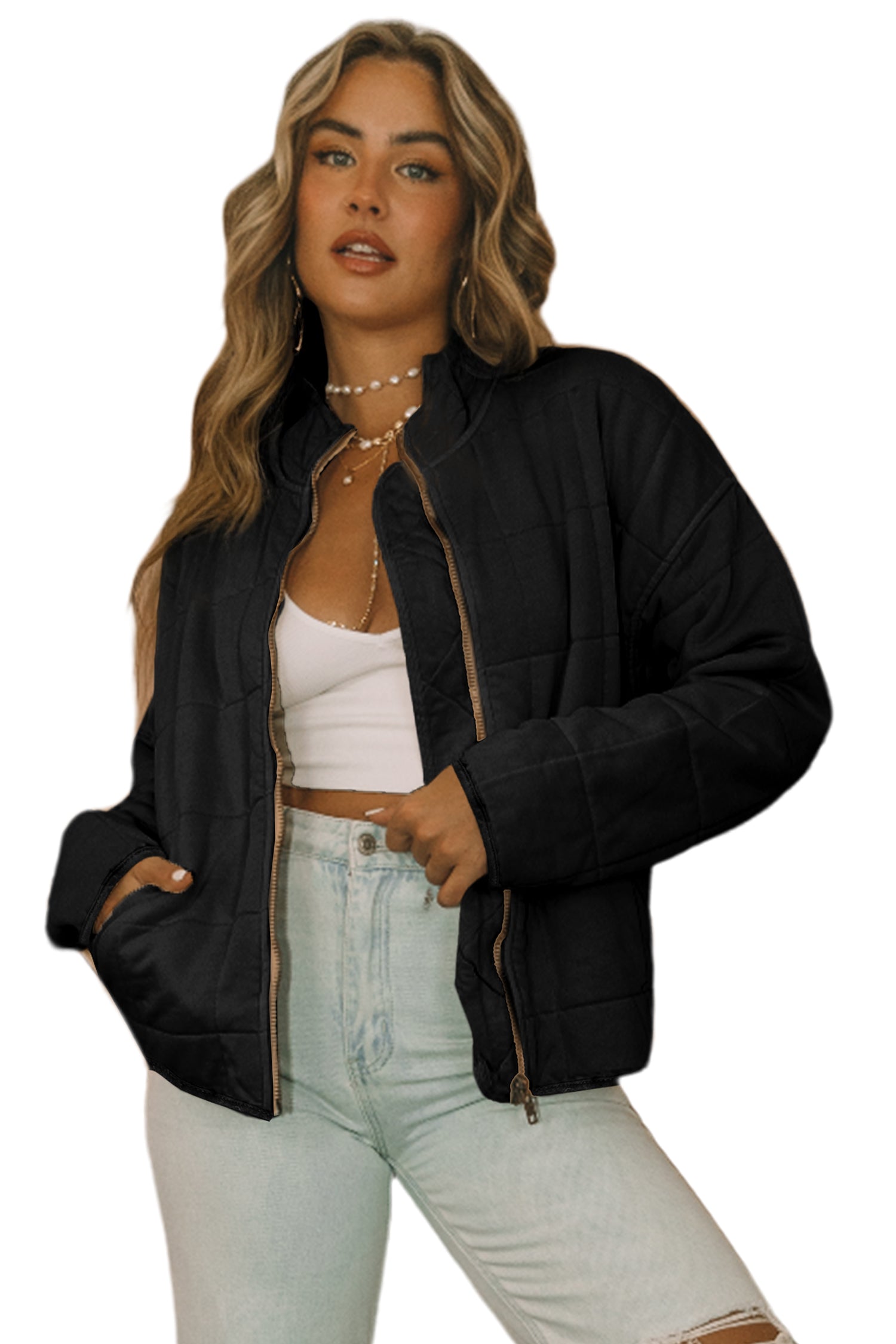 Black Zip-Up Pocket Quilted Jacket 🇺🇸