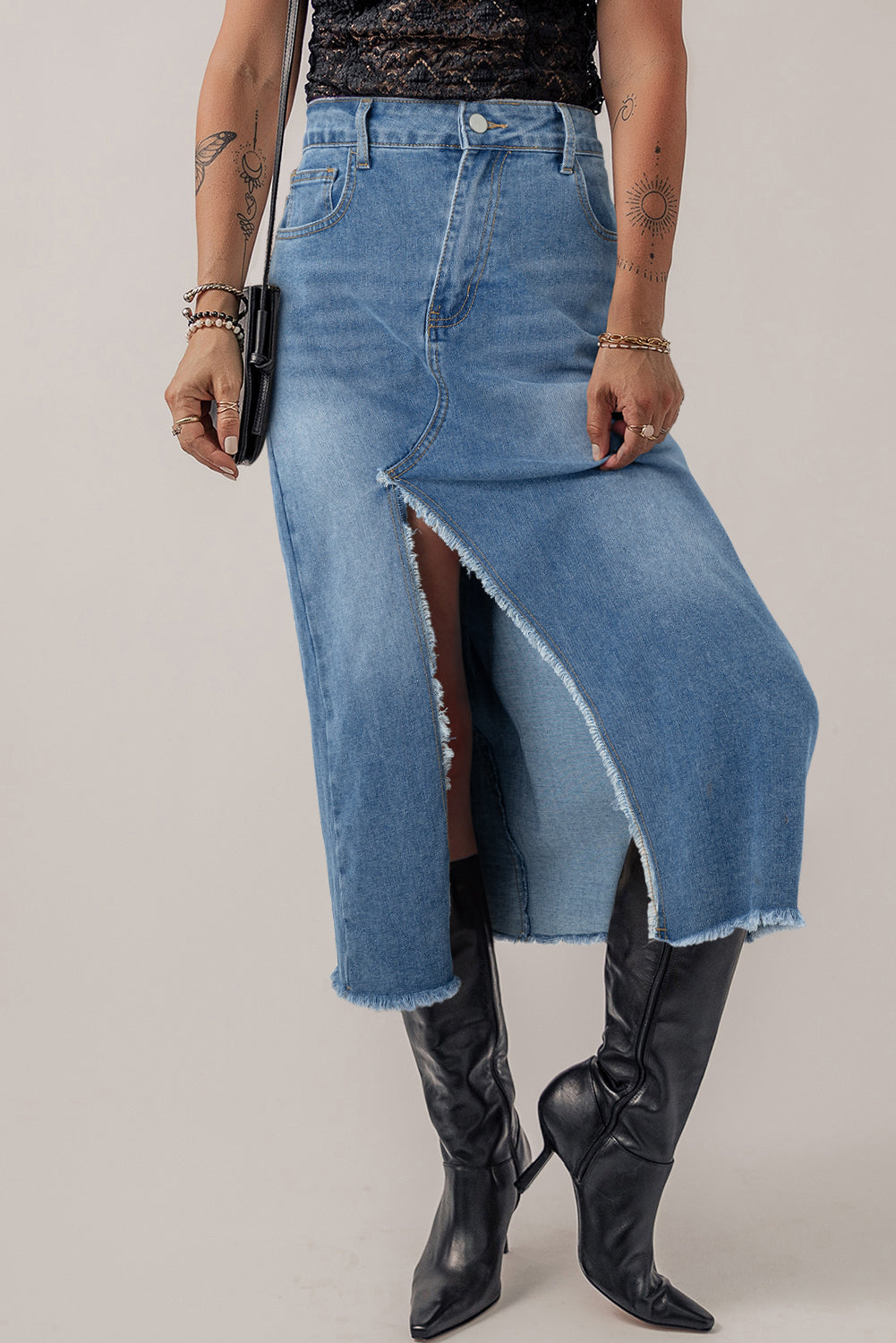 Light Blue Frayed Slit Asymmetric Denim Midi Skirt 🇺🇸