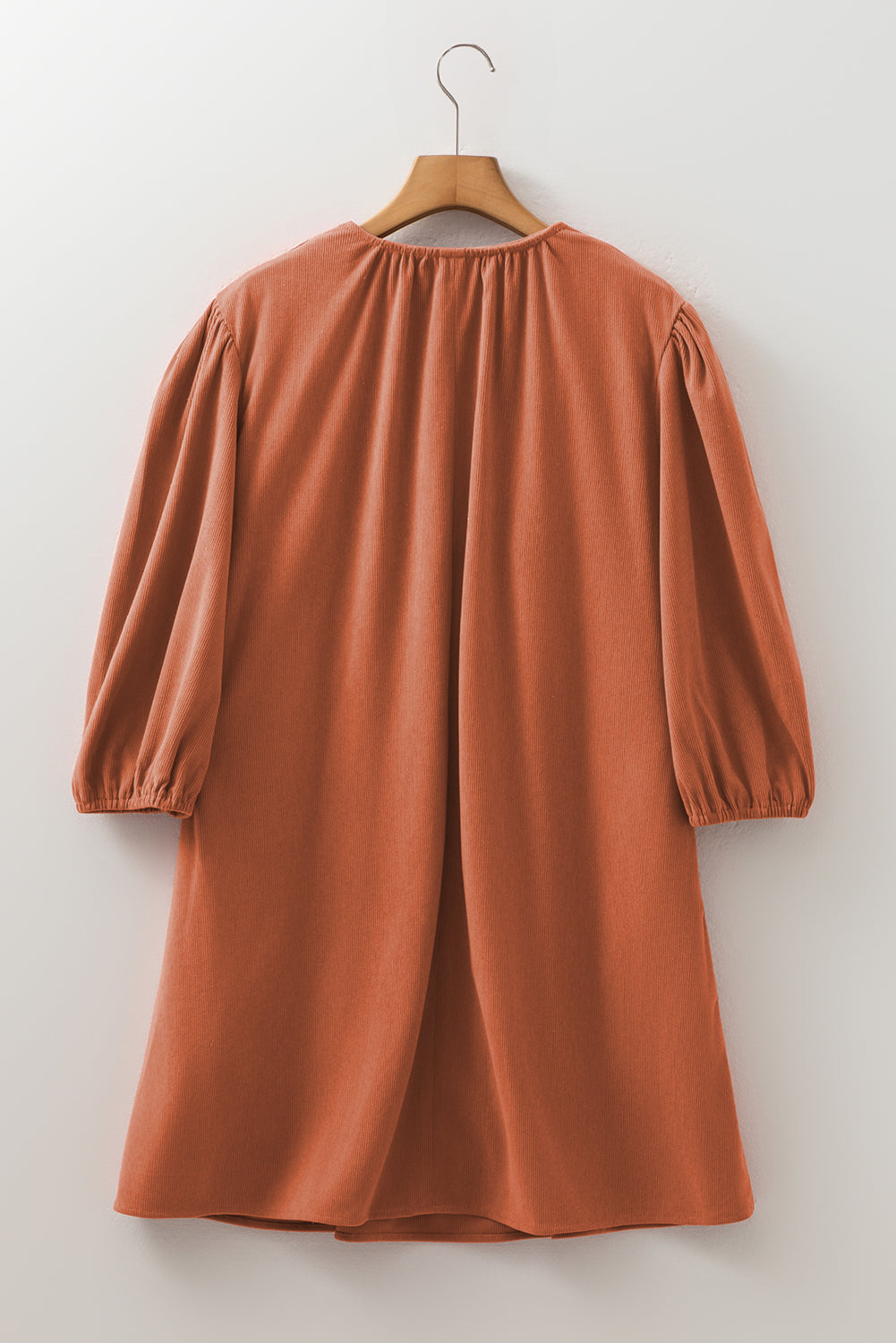 Cinnamon Bracelet Sleeve Split Neck Scallop Detail Pleated Corduroy Mini Dress 🇺🇲